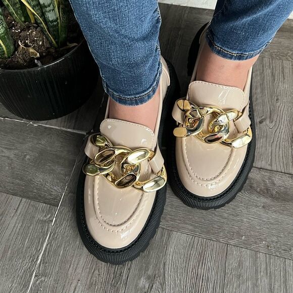 Taupe Chain Strap Platform Loafers - Picture 5 of 9